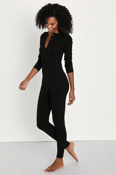 Lulus Comfy Perfection Black Ribbed Knit Long Sleeve Lounge Jumpsuit