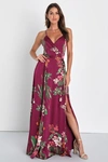 Lulus Still The One Burgundy Floral Print Satin Maxi Dress In Burgundy
