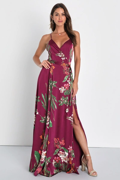 Lulus Still The One Burgundy Floral Print Satin Maxi Dress