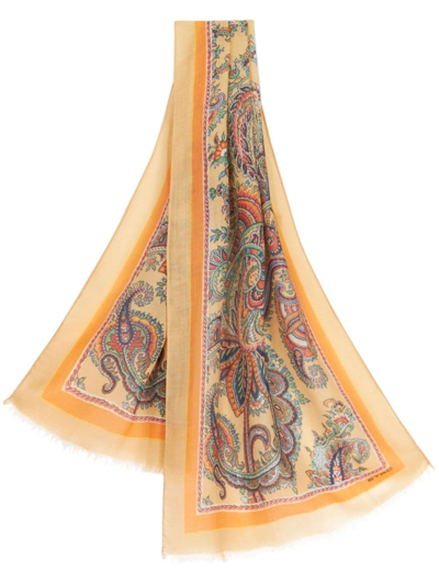 Etro Paisley-print Frayed Cashmere Scarf In Yellow