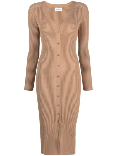P.a.r.o.s.h Ribbed-knit Button-up Midi Dress In Brown