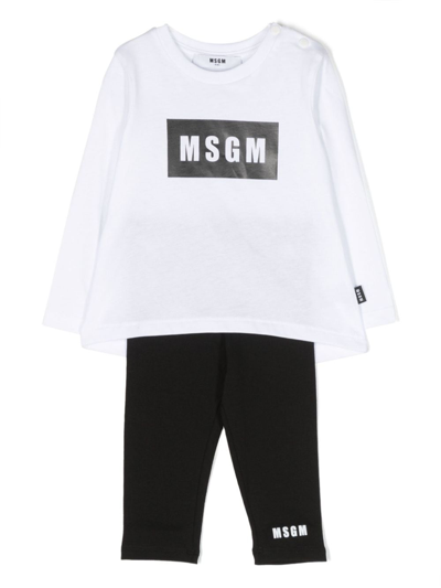 Msgm Babies' Logo-print Cotton Leggings In 01 Bianco/nero