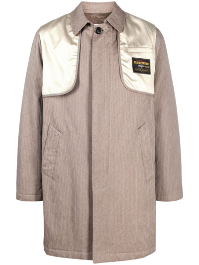 Moschino Logo-patch Button-up Coat In Brown