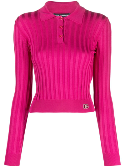 Dolce & Gabbana Long-sleeved Polo Shirt In Ribbed Knit In Fuchsia