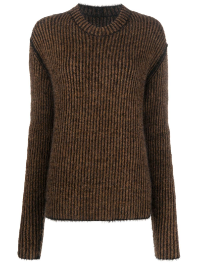 Uma Wang Frayed-edge Ribbed-knit Jumper In Brown