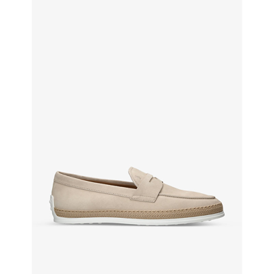 Tod's Tods Mens Beige Raffia Penny Suede Loafers
