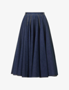 ALAÏA AZZEDINE ALAIA WOMEN'S BLEU DENIM FLARED-HEM CONTRAST-STITCHING STRETCH-DENIM MIDI SKIRT