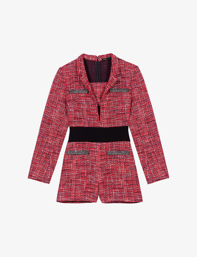 Maje Spread-collar Tweed Cotton Playsuit In Rouges