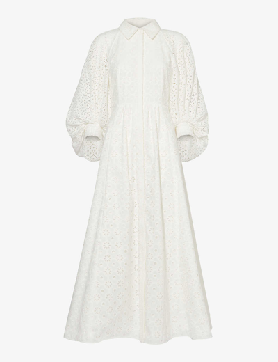 Huishan Zhang Womens White Pat Broderie-patterned Puff-sleeve Regular-fit Cotton Midi Dress