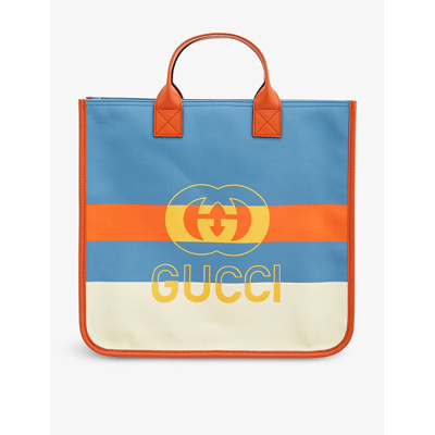 Gucci Boys Multicolor/deep Oran Kids Logo-print Striped Woven Kids' Tote Bag In Brown