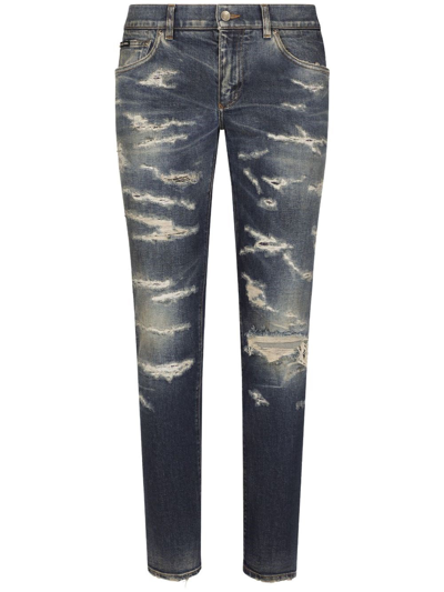 Dolce & Gabbana Ripped-detailing Skinny Jeans In Blue