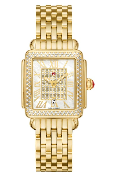 Michele Deco Madison Mid Pave 18k Gold Plated Watch With Mother-of-pearl