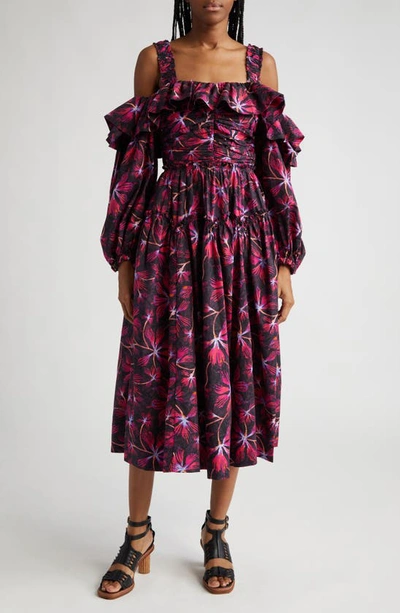Ulla Johnson Caprice Floral Cold Shoulder Long Sleeve Cotton Dress In Zinnia