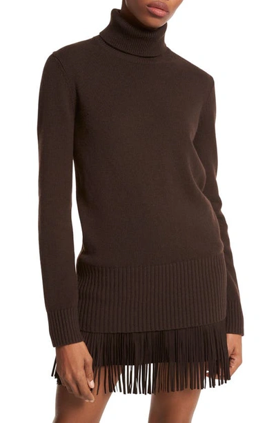 Michael Kors Longline Cashmere Turtleneck Sweater In Chocolate