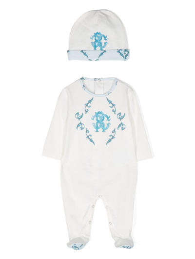 Roberto Cavalli Junior Monogram-print Cotton Babygrow Set In White