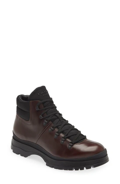 Prada Men's Brucciato Leather Lace-up Hiking Boots In Brown