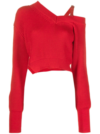 Jacquemus La Maille Seville Asymmetric Ribbed Pullover In Red