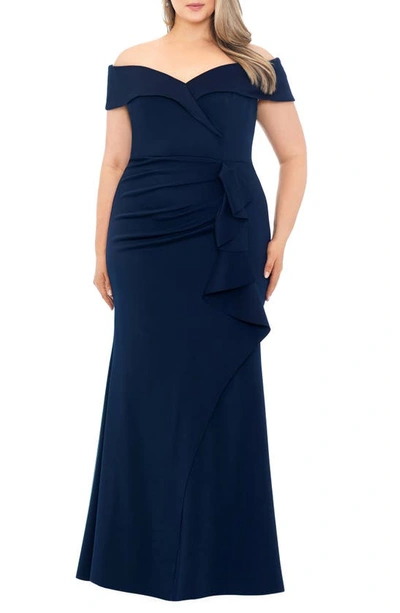 Xscape Off The Shoulder Ruffle Scuba Gown In Midnight