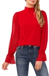 Cece Sheer Sleeve Mock Neck Mixed Media Top In Luminous Red
