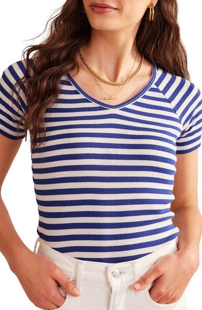 Boden Stripe V-neck Cotton T-shirt In Lapis Blue Ivory