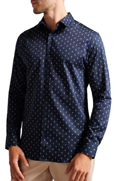 Ted Baker Pen Dot Slim Fit Stretch Cotton Button-up Shirt In Navy