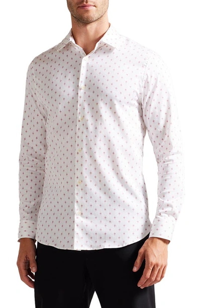 Ted Baker Pen Dot Slim Fit Stretch Cotton Button-up Shirt In White