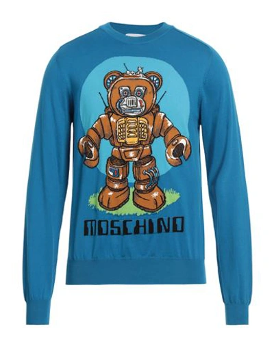 Moschino Man Sweater Azure Size 36 Cotton, Polyamide, Elastane In Blue