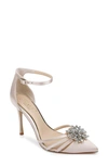 Jewel Badgley Mischka Violette Ankle Strap Pointed Toe Pump In Champagne Satin