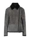 Vintage De Luxe Woman Jacket Lead Size 6 Shearling, Soft Leather In Grey