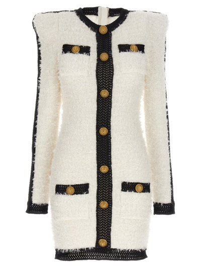 Balmain Tweed Knit Mini Dress With Button Detail In Multi-colored