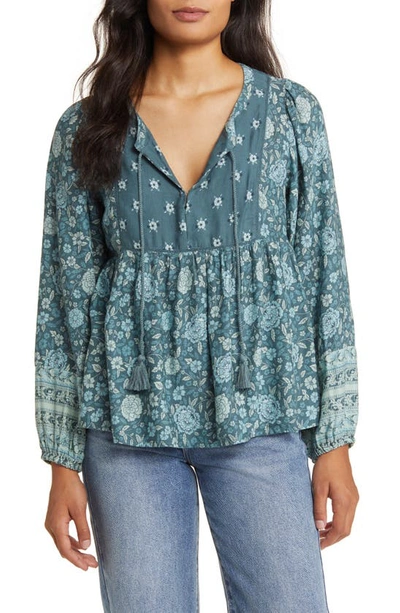 Lucky Brand Floral Print Long Sleeve Peasant Blouse In Indian Teal Multi