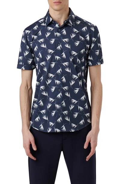 Bugatchi Miles Ooohcotton® Frond Print Short Sleeve Button-up Shirt In Navy