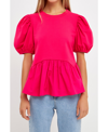 English Factory Mixed Media Puff Sleeve Top In Fuchsia