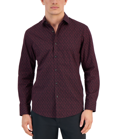 Alfani Men's Alfatech Yarn-dyed Long Sleeve Performance Shirt, Created For Macy's In Maroon Banner