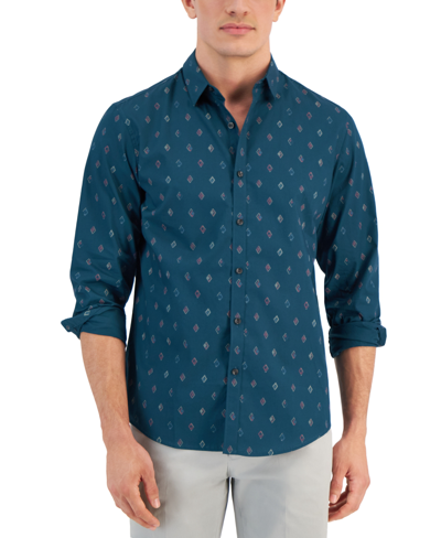 Alfani Men's Fulano Diamond Print Long Sleeve Shirt, Created For Macy's In Blue Gem