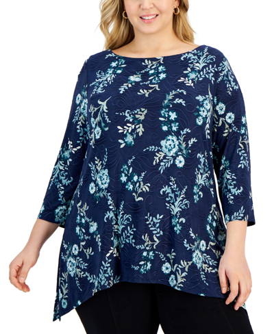 Jm Collection Plus Size Flowing Foliage Jacquard Top, Created For Macy's In Intrepid Blue Combo