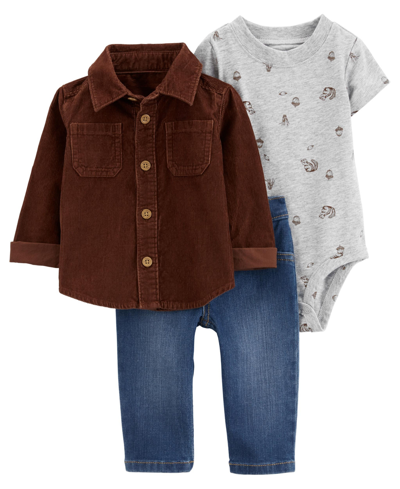 Carter's Baby Boys Corduroy Shacket, Bodysuit And Pants, 3 Piece Set In Brown
