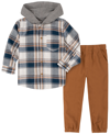 KIDS HEADQUARTERS BABY BOYS KNIT-HOODED PLAID BUTTON-FRONT SHIRT AND TWILL JOGGERS, SET