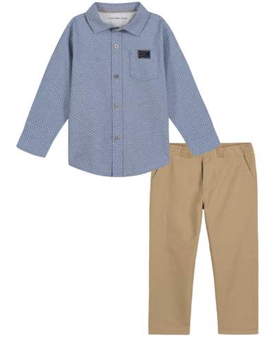 Calvin Klein Kids' Little Boys Denim Long Sleeve Button-front Shirt And Prewashed Twill Pants, 2 Piece Set In Blue
