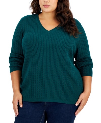 Tommy Hilfiger Plus Size Cable-knit V-neck Ivy Sweater In Forest