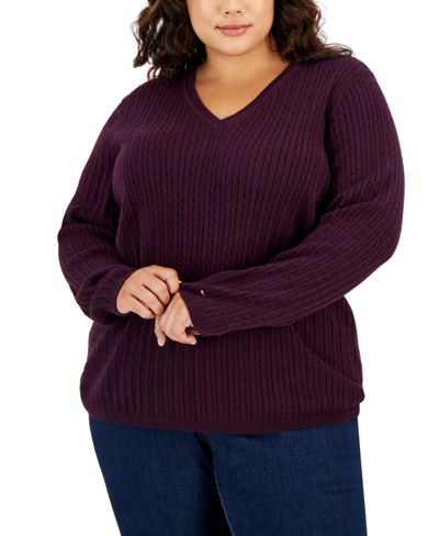 Tommy Hilfiger Plus Size Cable-knit V-neck Ivy Sweater In Aubergine