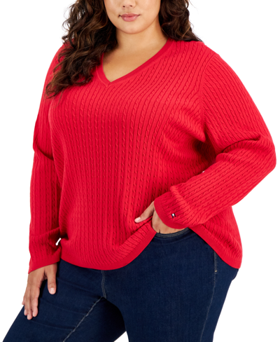Tommy Hilfiger Plus Size Cable-knit V-neck Ivy Sweater In Scarlet