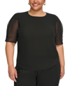 Calvin Klein Womens Sheer Elbow Sleeve Blouse In Black
