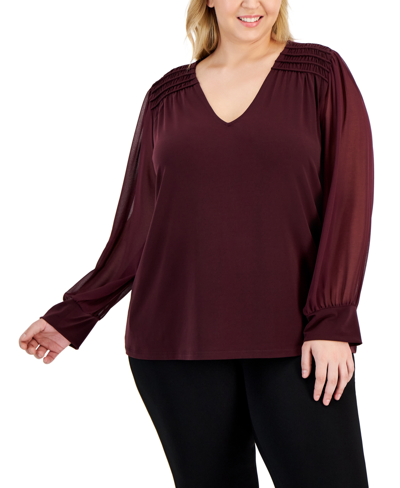 Calvin Klein Plus Size Pleated-shoulder Chiffon-sleeve Top In Port