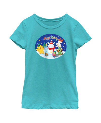 Nintendo Girl's Pokemon Happy Holidays Snowman Pikachu Child T-shirt In Tahiti Blue