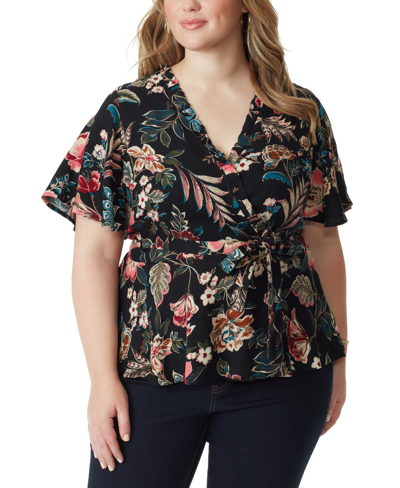 Jessica Simpson Trendy Plus Size Printed Wrap Top In Black - Arcadian Blooms