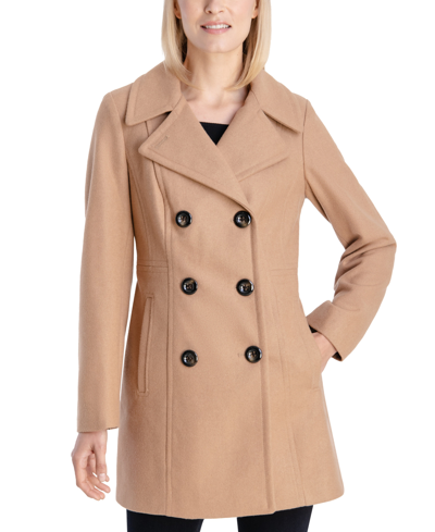 Anne Klein Women's Plus Size Notched-collar Double-breasted Peacoat, Created For Macy's In Camel