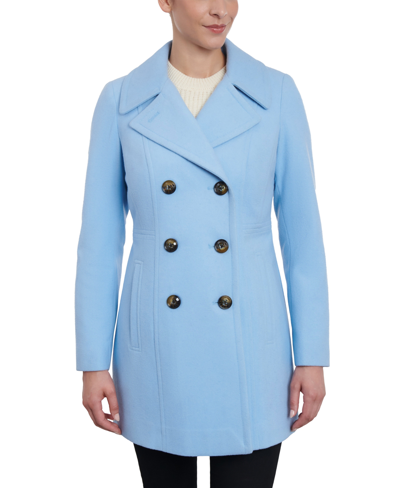 Anne Klein Women's Petite Notched-collar Double-breasted Peacoat, Created For Macy's In Glacial Blue