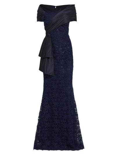 Teri Jon By Rickie Freeman Women's Off-the-shoulder Lace Gown In Navy