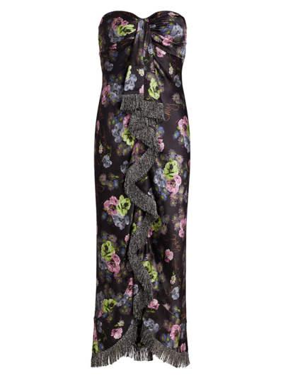 Cinq À Sept Elise Floral Strapless Fringe-trim Mini Dress In Black